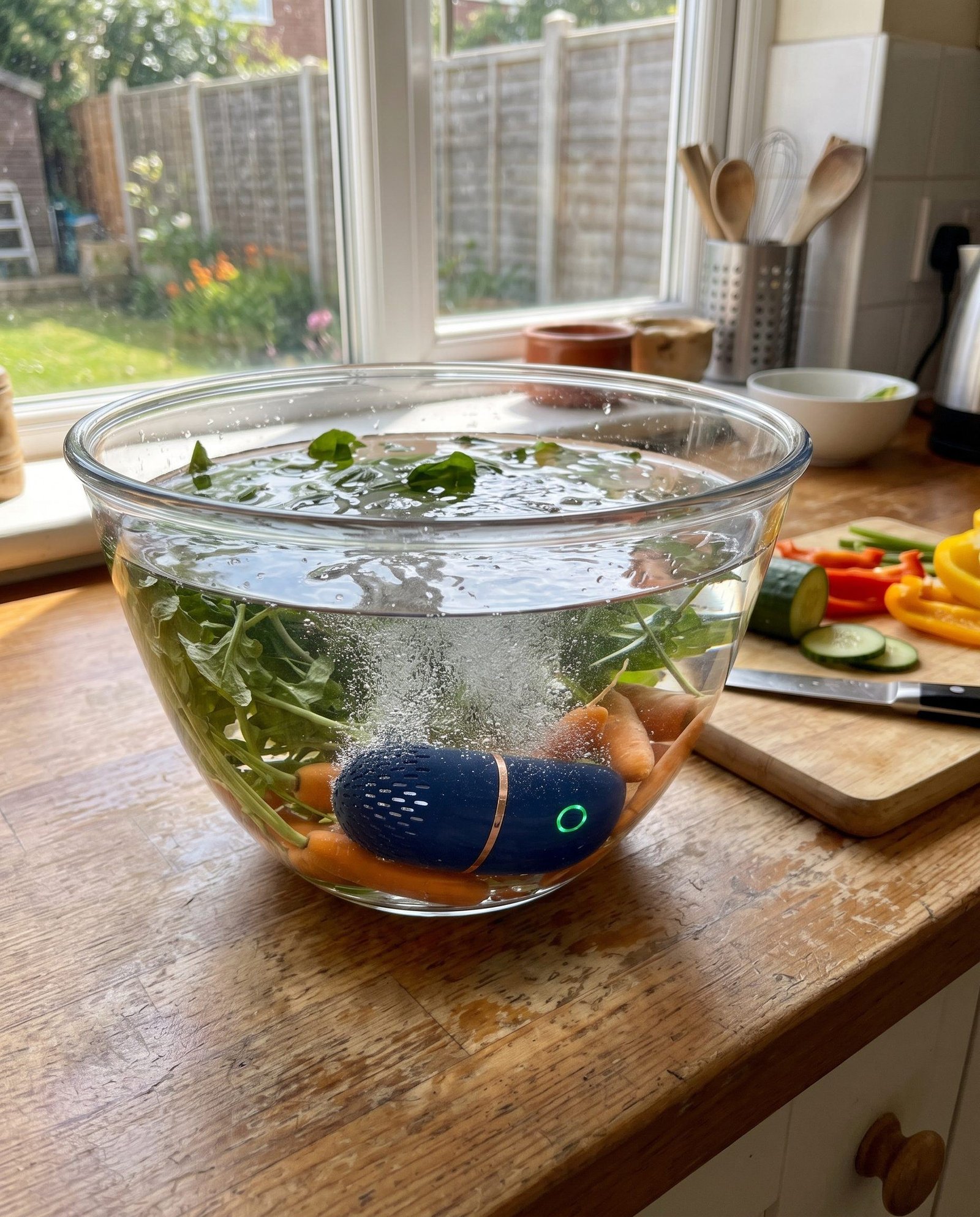 PodBloom Produce Cleaner in a bowl with fresh fruit and vegetables
